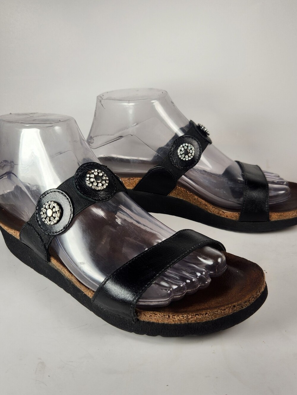 NAOT Women's Marissa Sandal Size 7.5 EU 38 Black Wedge Leather Rhinestones